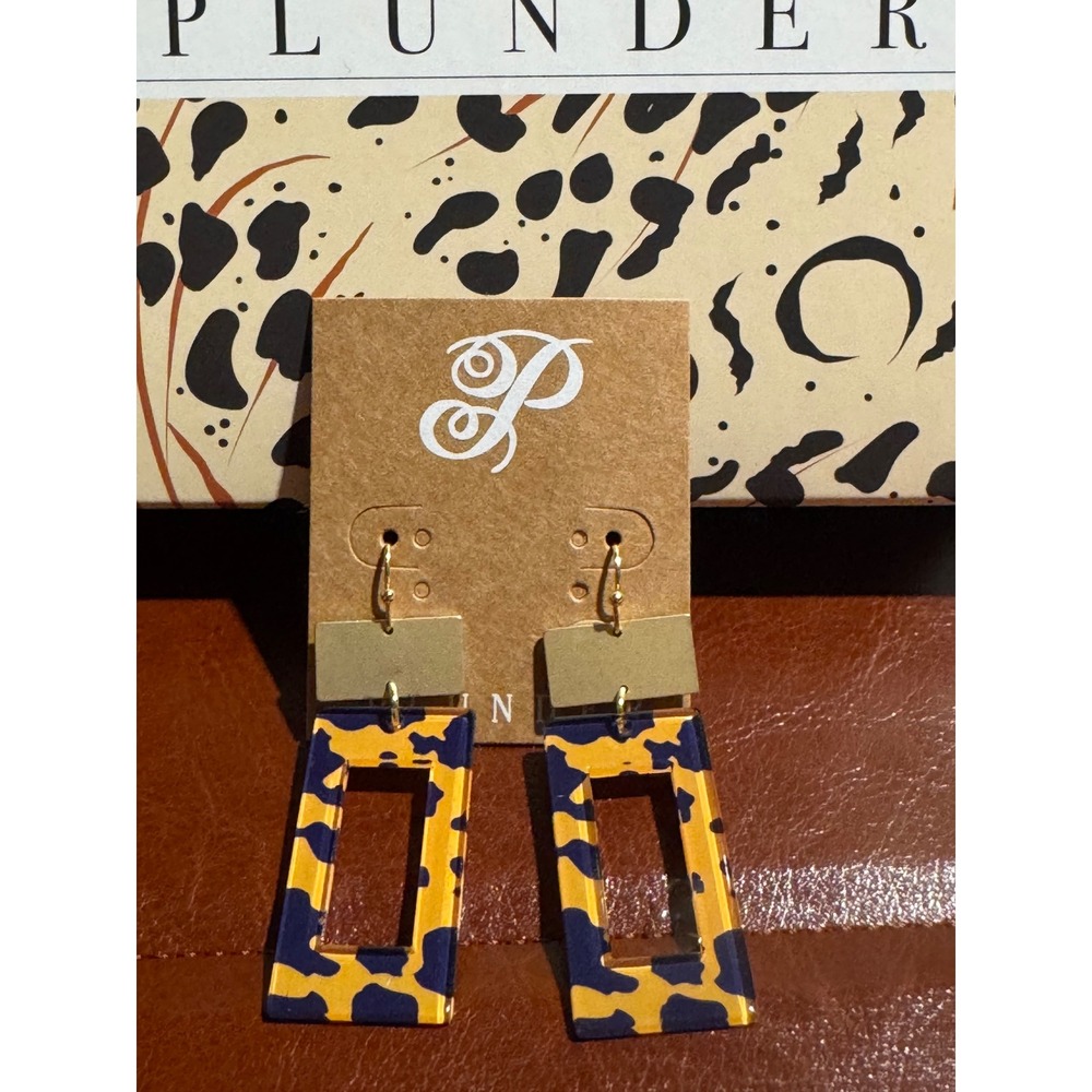Plunder Design Navy Mustard Yellow Animal Print Acrylic Rectangle Drop Earrings